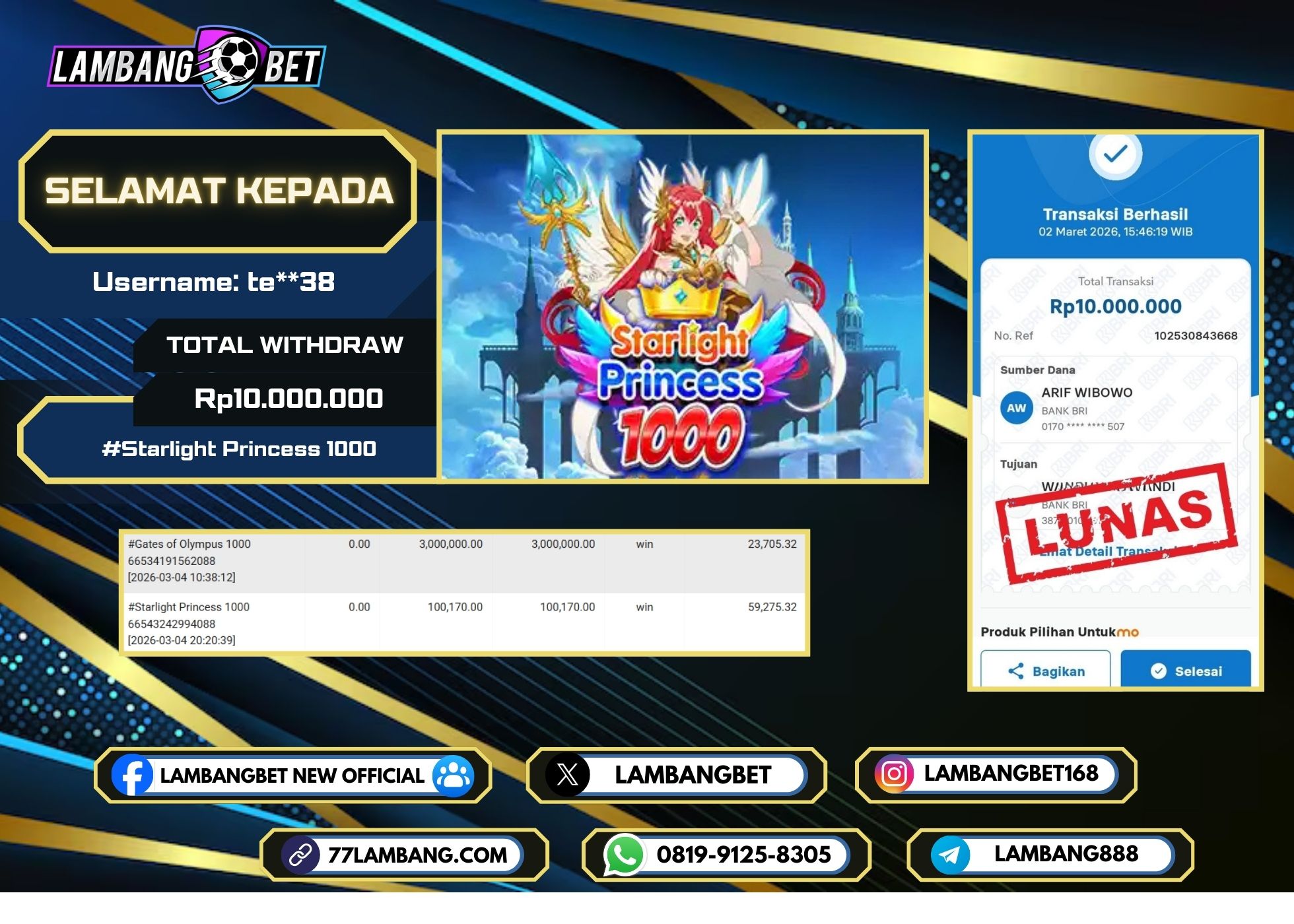 LAMBANGBET [2 MARET 2025] JACKPOT SLOT Starlight Princess 1000 "Rp10.000.000" LUNAS